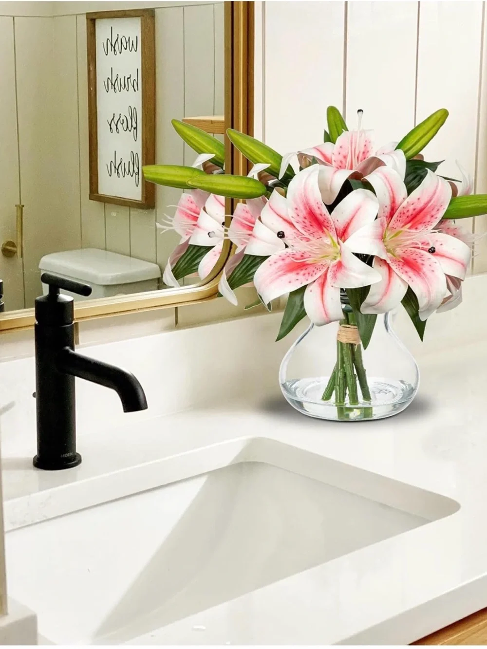 NWT Pink and White Stargazer Lily Arrangement in Glass Vase-Faux Silk Florals